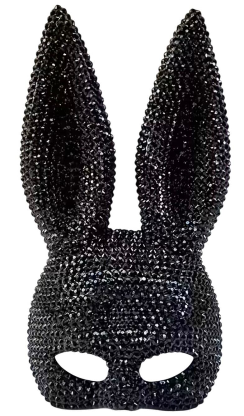 Black Rhinestone Bunny Rabbit Mask Long Ears Elastic Strap Avant Garde Goth Glam